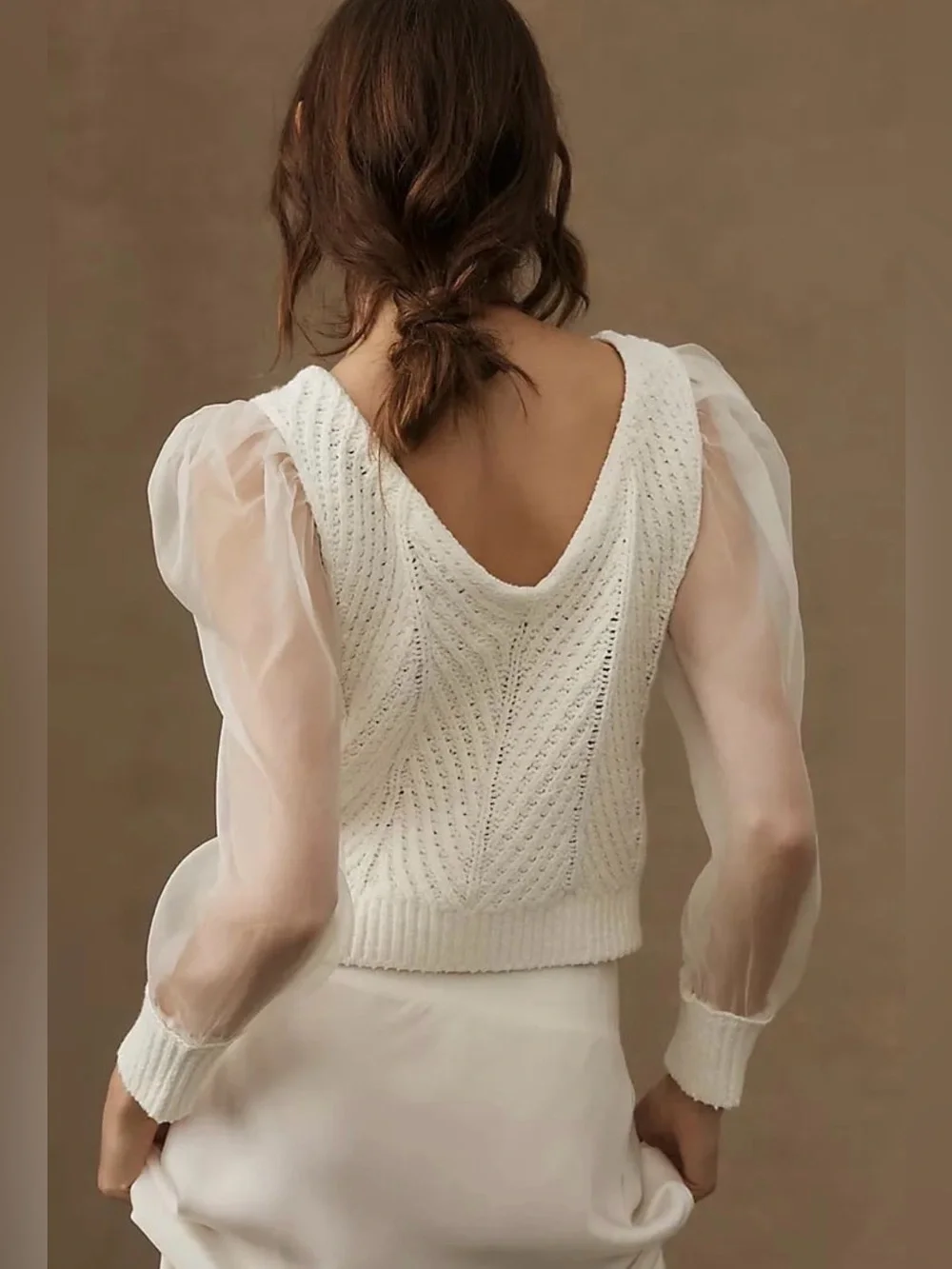 Anthropologie Maeve Cable Twofer Sweater Ivory Silk Sheer Puff Sleeve Cotton S